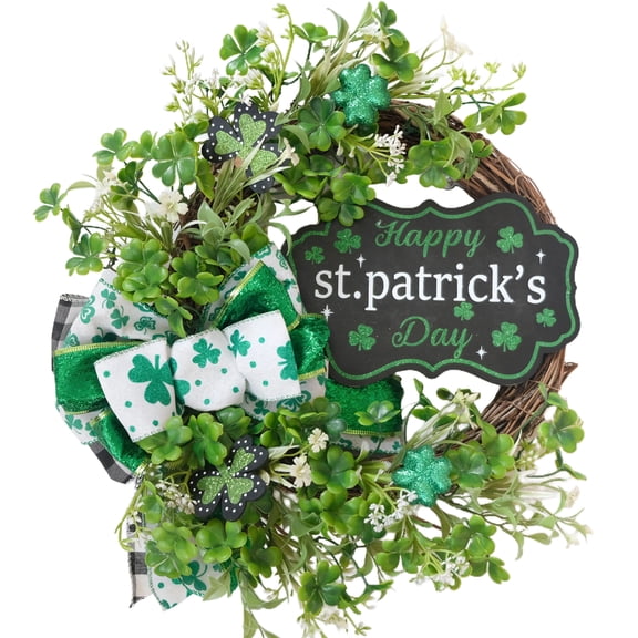 15 * 16 Inch Shamrock Wreath for St Patricks Day Pre-Assembled Wreath with Glitter Shamrock and Bow Happy St Patricks Day Sign Front Door Window Holiday Decor