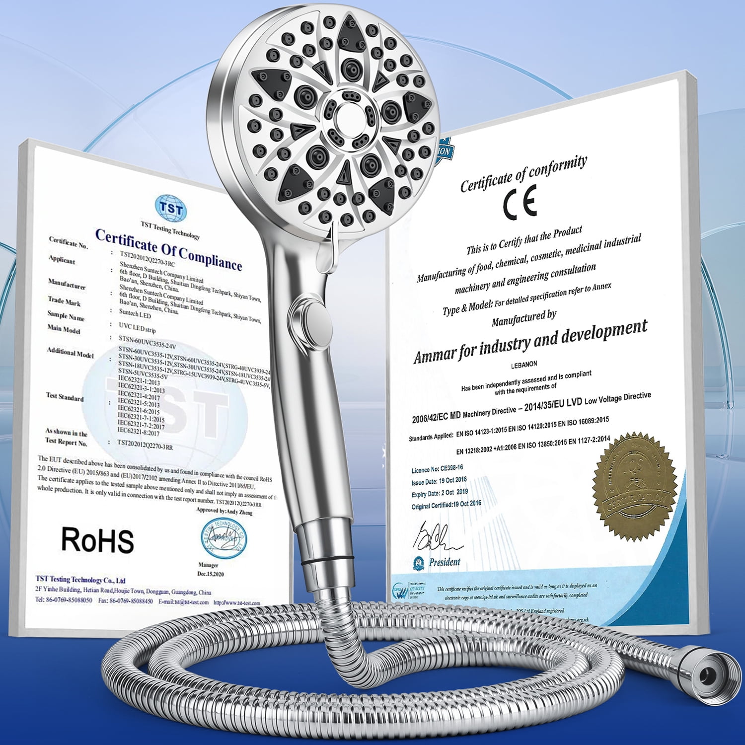 Shower Head - 9-Mode High Pressure Handheld Shower Head with Water Stop Button, Shower Head with Ultra-long Stainless Steel Hose, 9 Spray Settings