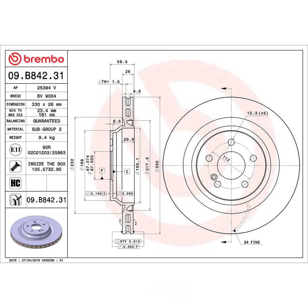 Brembo 09.B842.31 BRAKE ROTORS Fits select: 2004-2009 MERCEDES-BENZ SL 600
