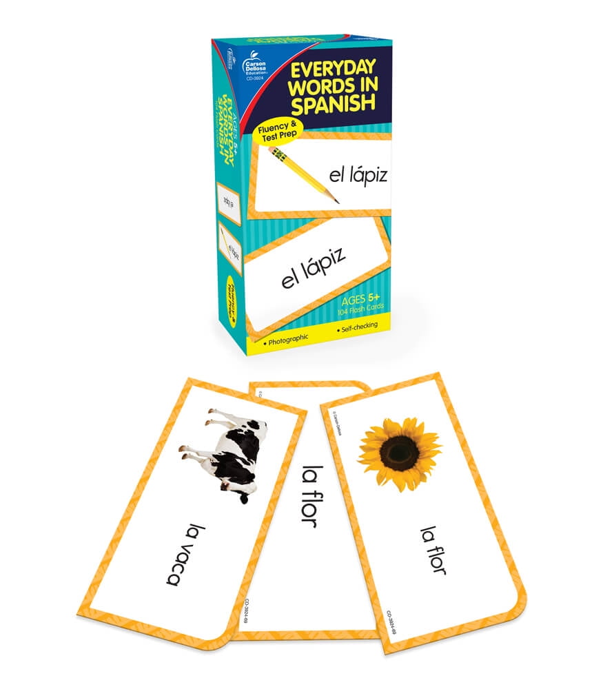 Carson Dellosa Everyday Words In Spanish Flash Cards—Ages 5+ Colors, Animals, People, Common Phrases, Household Items, Spanish Vocabulary With Illustrations (104 Pc)