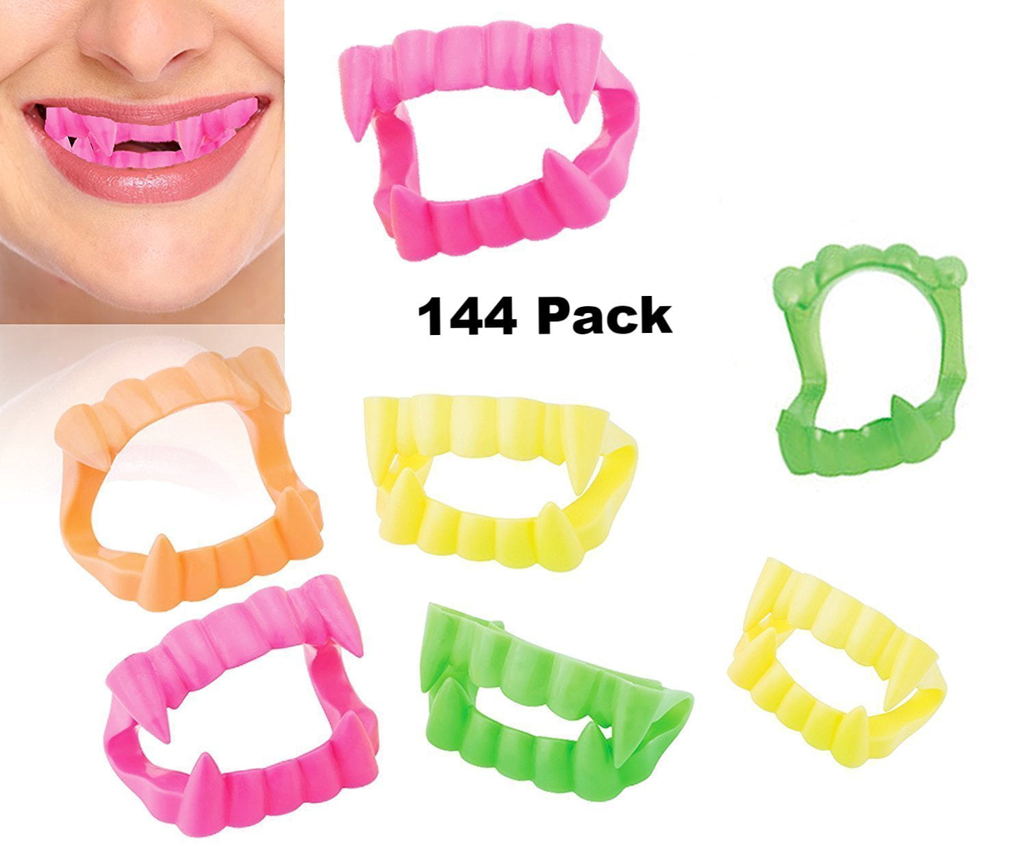 ArtCreativity Neon Vampire Fangs for Kids and Adults, Bulk Pack of 144, Vampirina Party Supplies, Dracula Costume Accessories, Best for Halloween