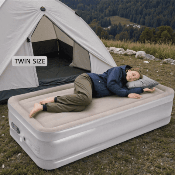 MaxKare 18" High Air Mattress with Built-in Pump & Carry Bag, Travel Air Bed for Camping, Max 400lbs, Twin Size, Gray