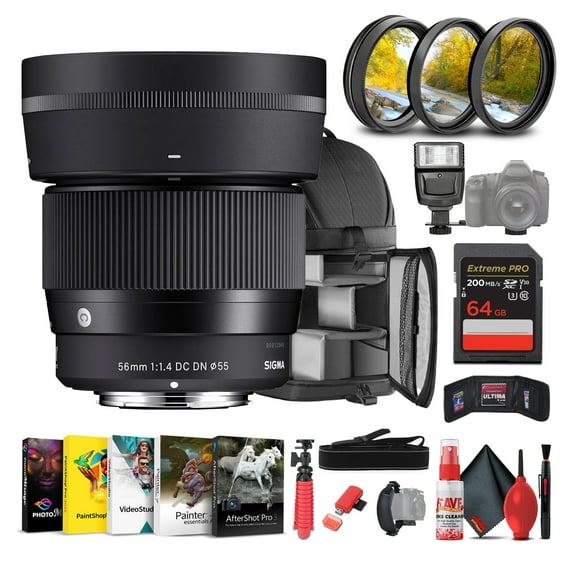 Sigma 56mm f/1.4 DC DN Contemporary Lens (Canon RF) 351972 Bundle Includes:  Backpack, Flash, Memory Card, Filter Kit, 12 Inch Tripod, Card Reader, Cleaning Kit, Blower Brush, Lens Pen,   More
