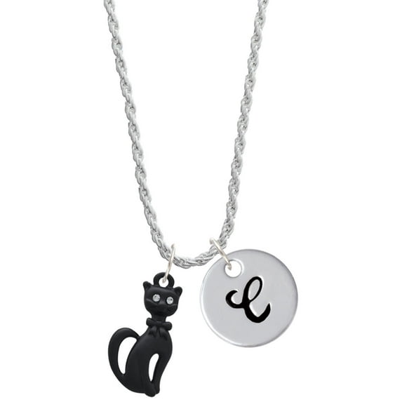 Delight Jewelry Tall Sitting Matte Black Cat Silvertone Script Initial Disc - C - Charm Necklace, 20"+3"
