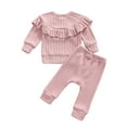 thumbnail image 3 of Qiylii Kids Solid Color Sweater Set, Long Sleeve Ruffle Tops+Buttoned Pants, 3 of 8