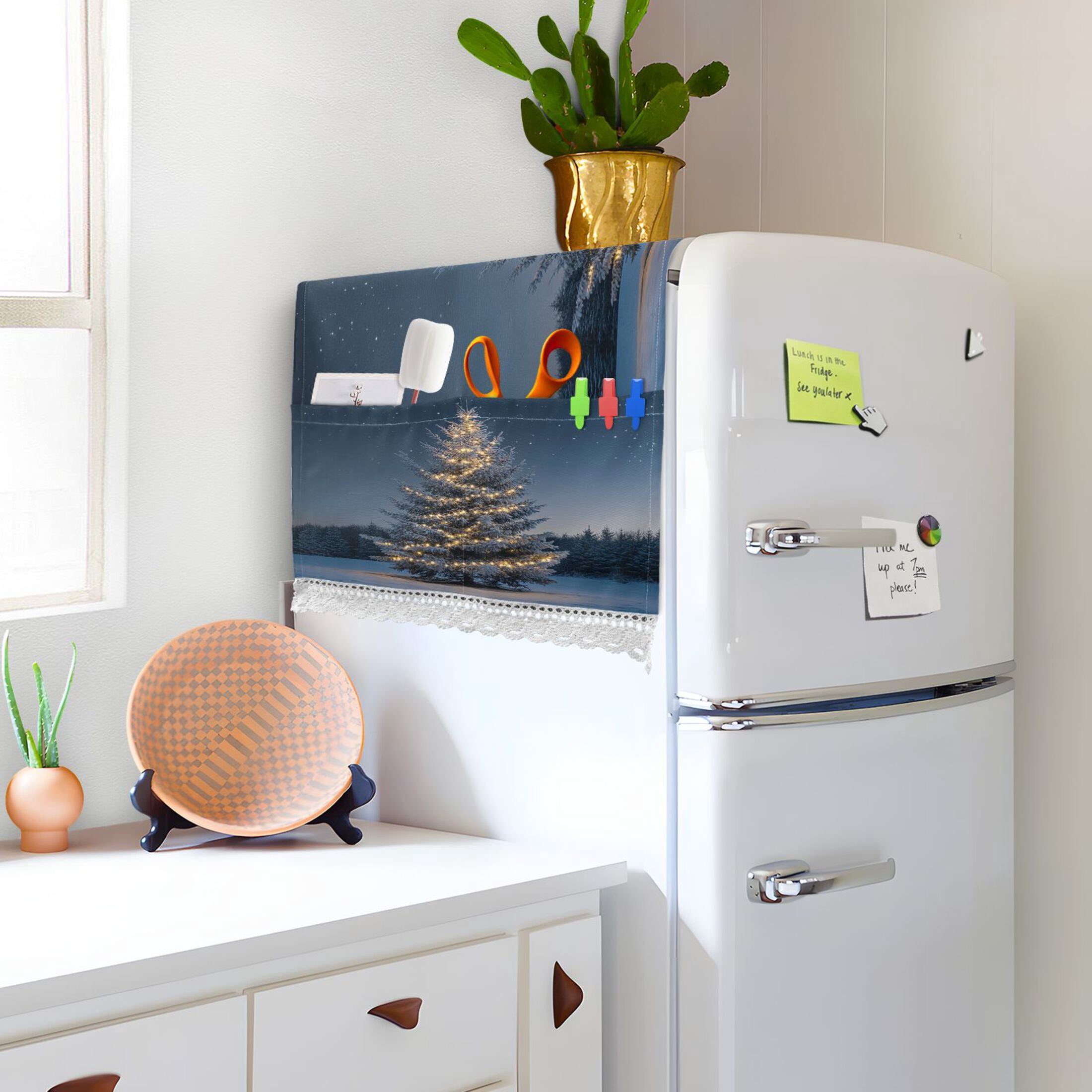 Christmas TreeWasher and Dryer Covers Dust-Proof and Oil Resistant Fridge Cover with 4 Storage Pockets Washing Machine Top Cover for Laundry Kitchen Home 51.2 x 22 In