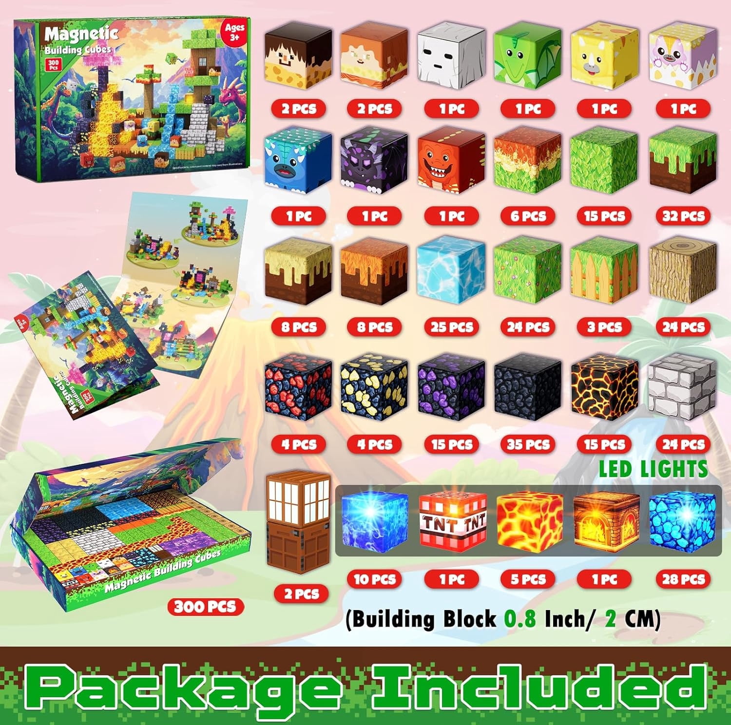 Annexfun Magnetic Blocks - 300 Pcs with Light Up Blocks Dinosaur Volcano Forest Castle Set -  Kids Classroom Toy for Toddlers STEM, Construction Stacking Toy Kids 3+ Birthday Gifts