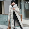 thumbnail image 3 of Winter Women Jacket Furry Hood Long Sleeves Pockets Knee Length Zipper And Button Closure Slim Waist Cotton Coat Mid Length Solid Color Windproof Warm Coat, 3 of 8