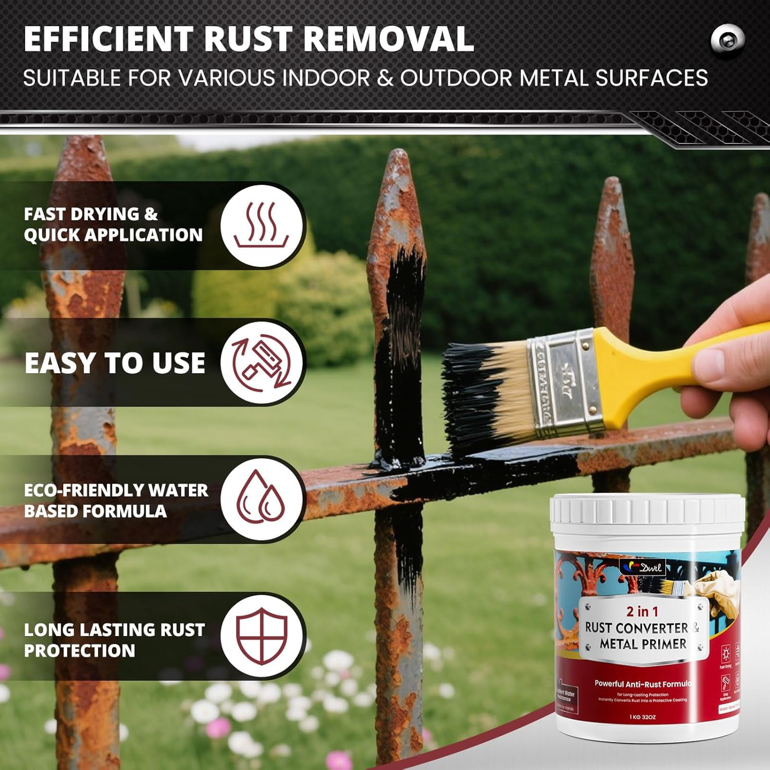 DWIL Rust Converter for Metal, 2 in 1 Rust Converter Paint and Primer, Converts Rust to Long-Lasting Protective Coating, Anti Rust and Rust Prevention Paint, No Sanding or Primer Needed, Black, 32 oz
