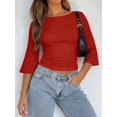 thumbnail image 5 of Women's 3/4 Sleeve Top Ruched Waist Fitted Tops for Women Crop Boat Neck Ribbed Bell Sleeve Flare Red S, 5 of 8