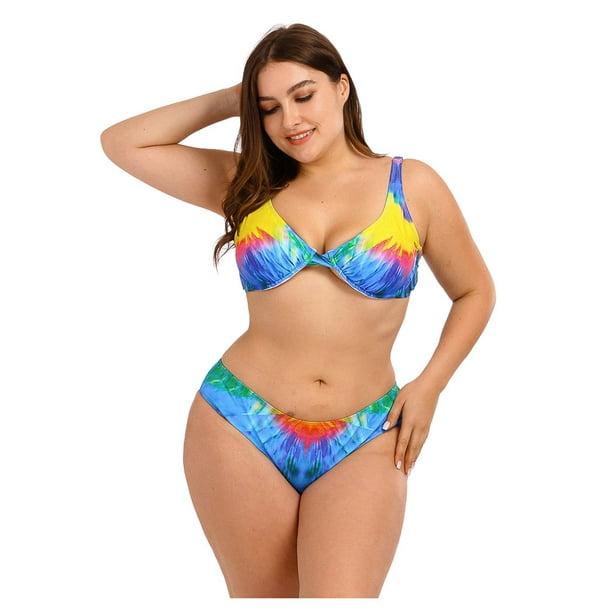 Women's 2 Piece Plus Size High Waisted Swimwear Swimsuits Tie Dye Print Tummy  Control Bikini Set 