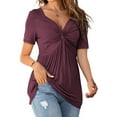 thumbnail image 2 of Short Sleeved Women Solid Color V-neck T-shirt Summer Slim Fit Knotted Tunic Tops, 2 of 4