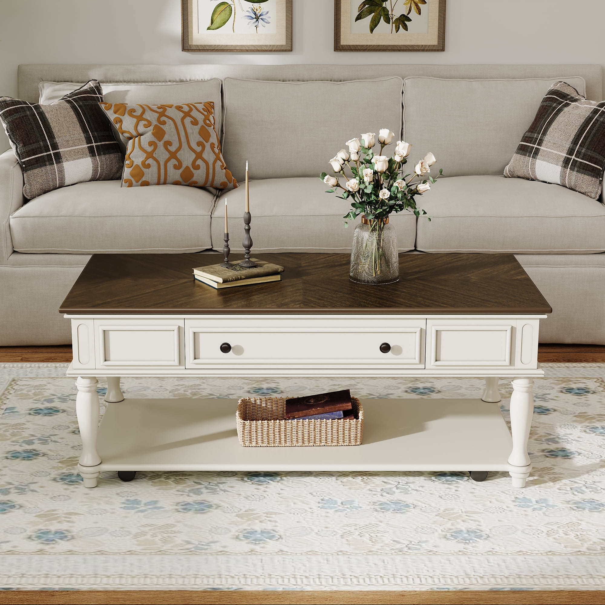 Euroco Farmhouse Coffee Table with One Drawer, Easy Assembly, Retro Movable Rectangular Cocktail Table with Lockable Wheels, Country Style Center Table with Solid Wood Legs