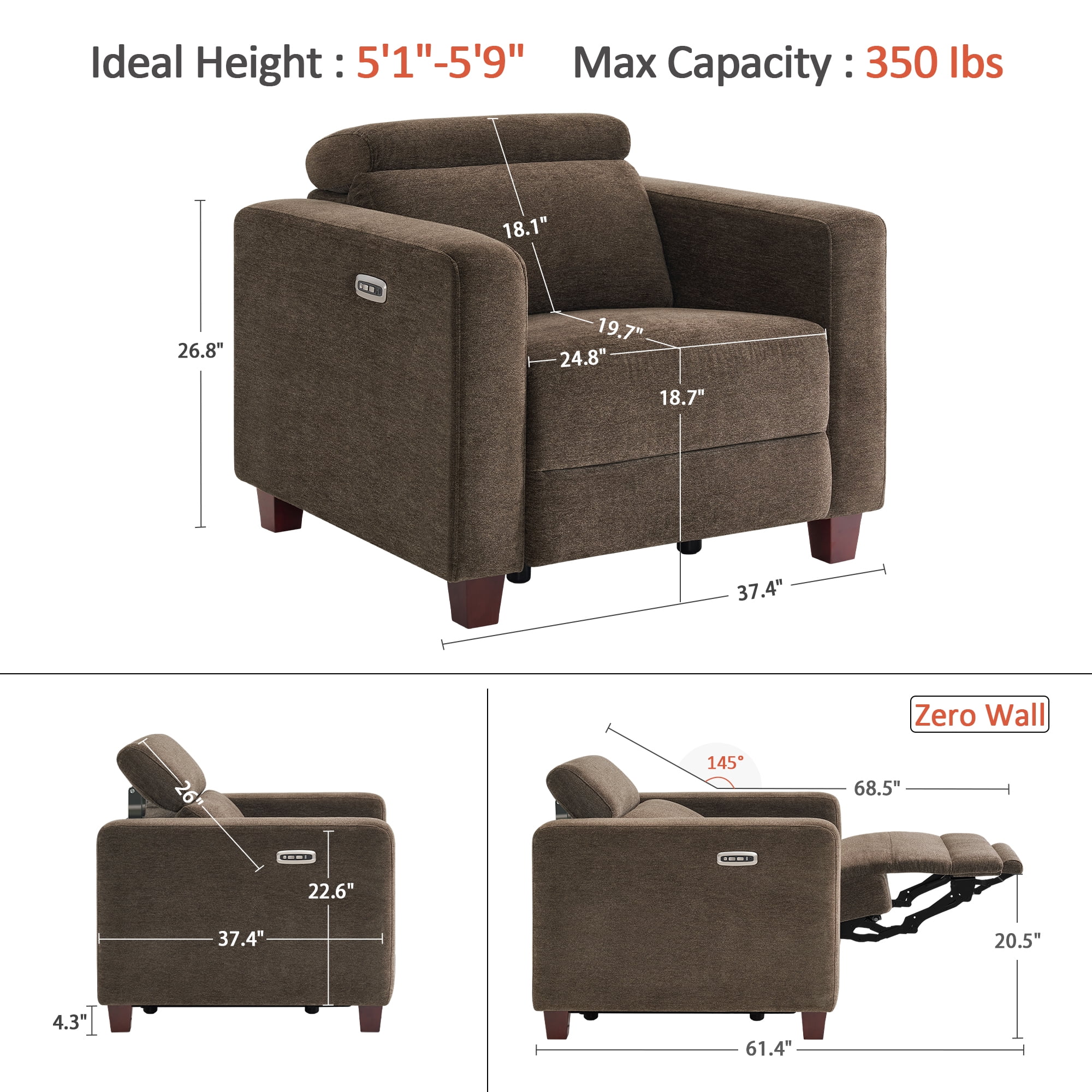 MCombo High Leg Power Recliner Chair with Adjustable Headrest and USB A/C Charge Ports for Living Room, Office, and Small Spaces (Fabric HL128, Coffee)