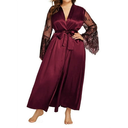 

KVMeteor Women s Plus Size See Through Lace Long Sleeve Tied Nightgown Pajamas