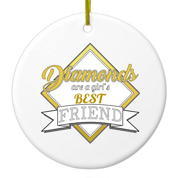DistinctInk Hanging Ceramic Christmass Tree Ornament with Gold String - Great Gift / Present - 2 3/4 inch diameter - Diamonds Are a Girl's Best Friend