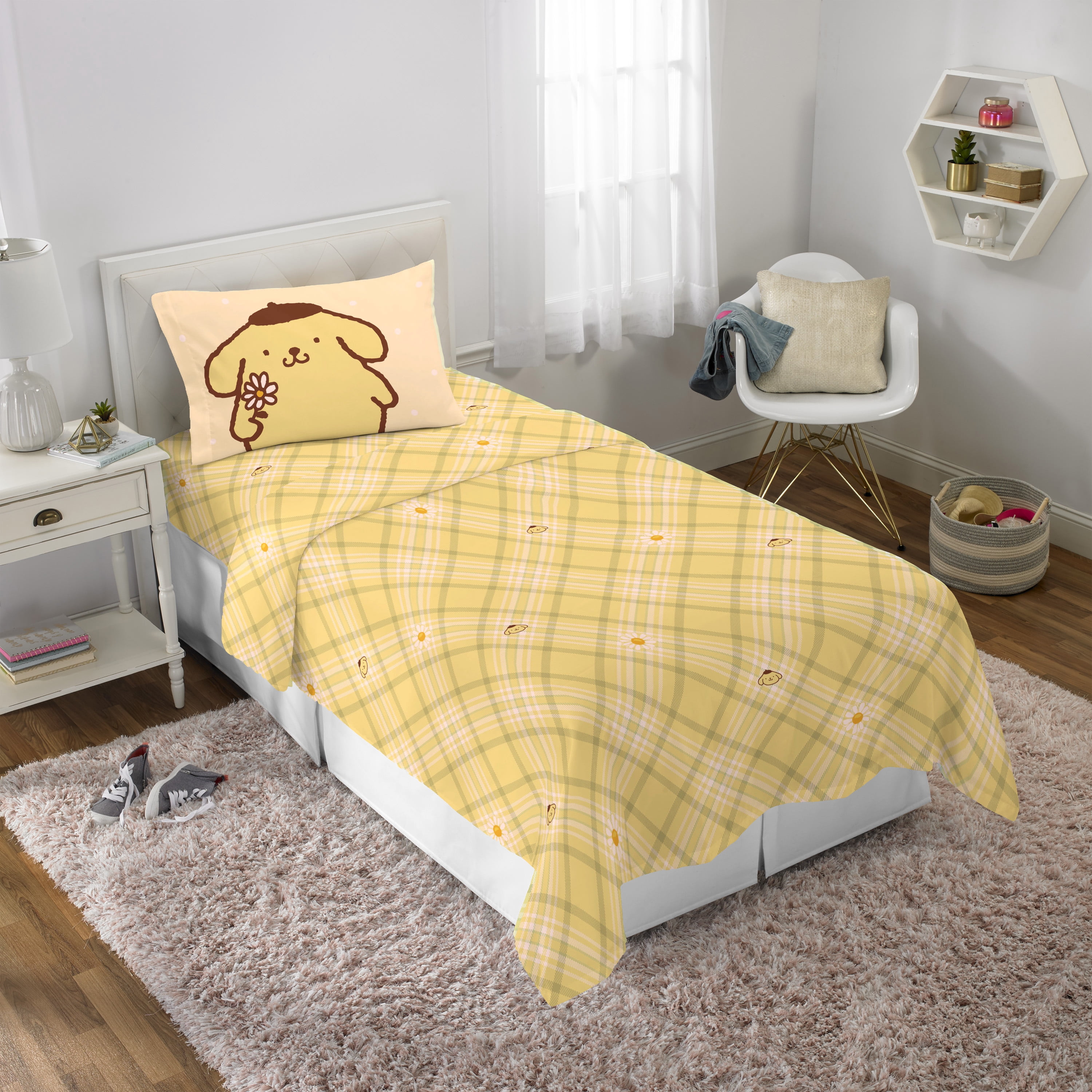 Pompompurin 4 Piece Yellow Gingham Print Sheet Set, Full, Sanrio