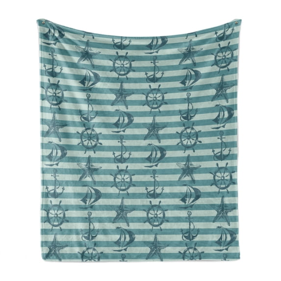 Ships Wheel Soft Flannel Fleece Blanket, Retro Marine Pattern with Ship Wheel Anchor and Starfish on Striped Background, Cozy Plush for Indoor and Outdoor Use, 60" x 80", Teal Beige, by Ambesonne
