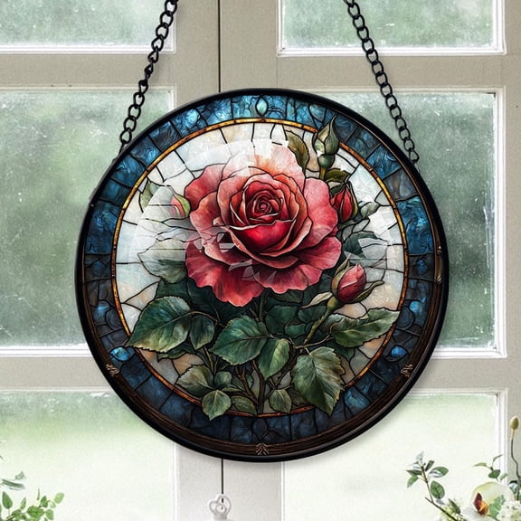 Personalized Rose Suncatcher Stained Glass, Rose Gifts for Women, Rose for Windows, Rose Window Hangings with Chain and Hook AAcsyJ (Rose 13)