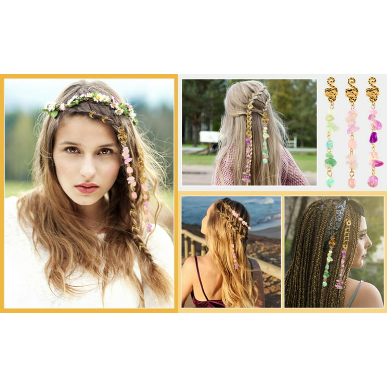 Trianu Hair Jewelry for Braids, 6Pcs Natural Colored Crystal Stone Hair  Braid Accessories Metal Hair Charms Gold Dreadlock Hair Spirals Cuffs Rings  for Women Girls Hairstyle Decoration 