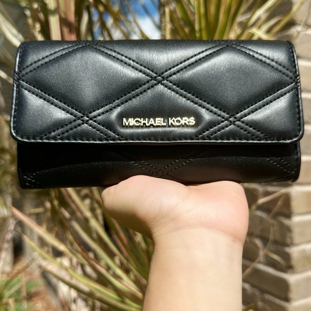 Michael Kors Jet Set Travel Large Trifold Wallet Black Quilted Vegan Leather  