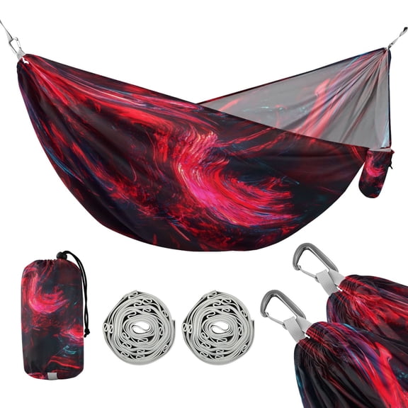 Portable Camping Hammock 300lb Capacity Single Travel Hammock Foldable Design for Backpacking, Hiking, Travel Red and Black Neon Lights Swirl