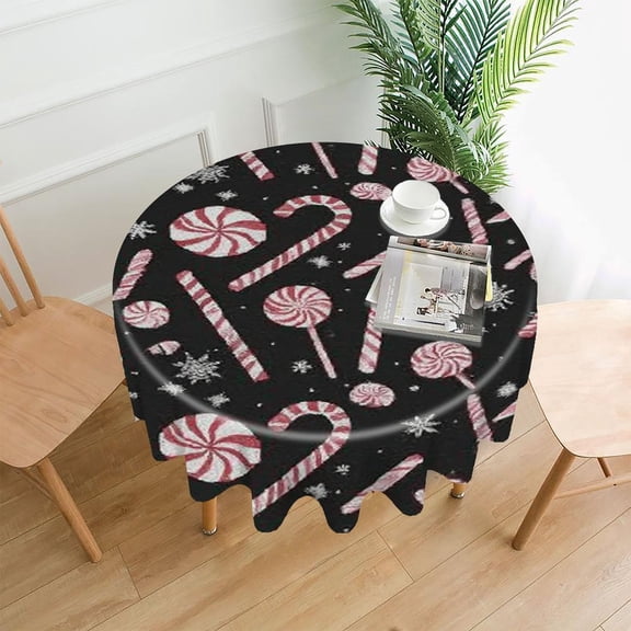 RKSupls 60 Inch Round Tablecloth, Candy Canes Snowflakes Black Premium Polyester Straight Edge Wrinkle Resistant Washable Table Cover for Party Home Dining Decor