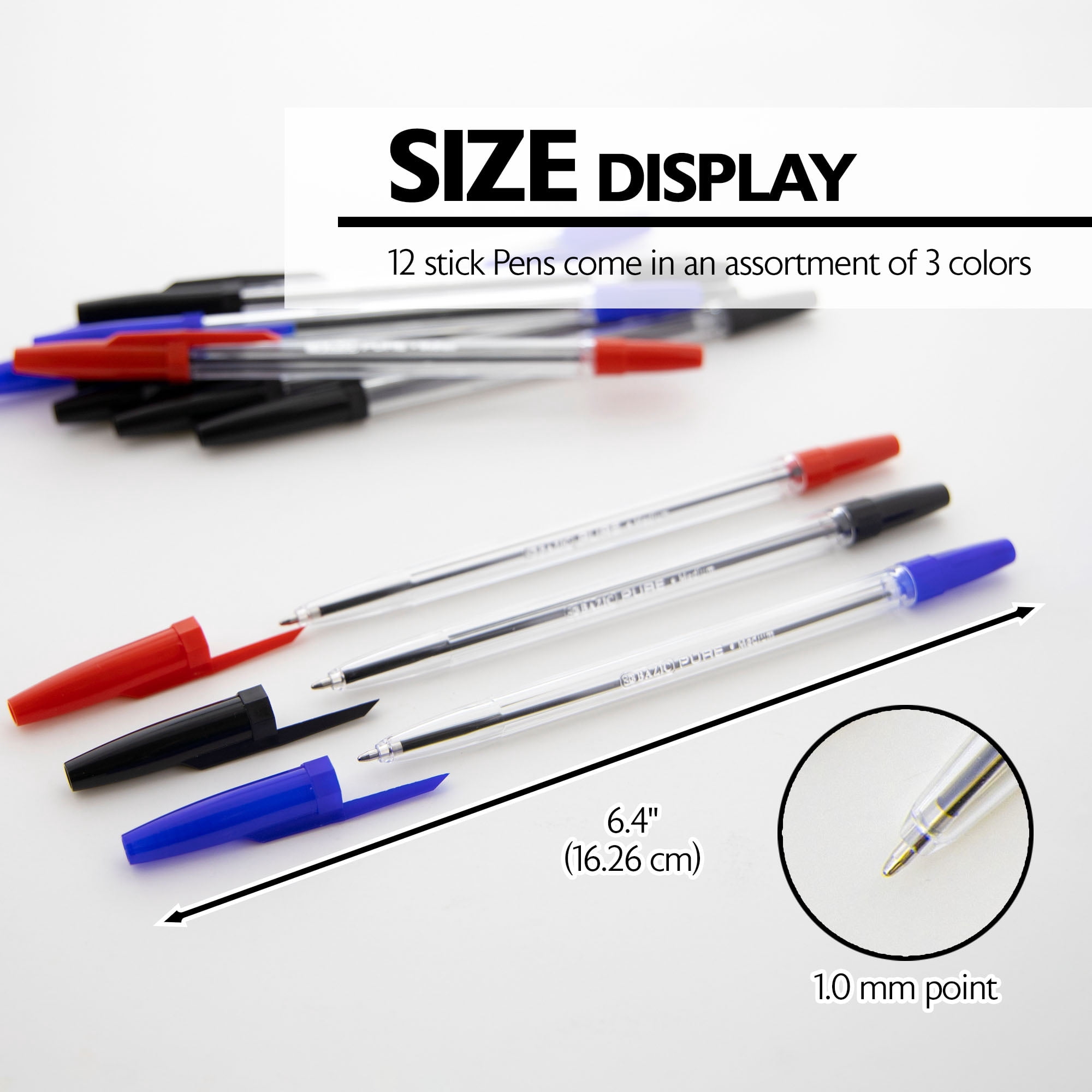 BAZIC Ballpoint Pure Assorted Color Stick Pens, 1.0 mm, (12/Pack), 24-Pack