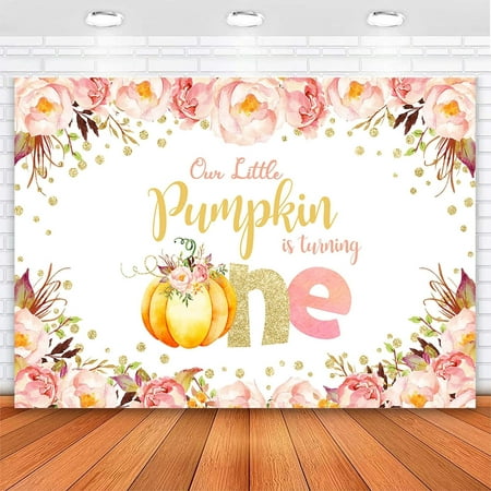 Image of Pumpkin 1st Birthday Backdrop Floral Litttle Pumpkin First Birthday Background Fall Autumn Girl Pink and Gold
