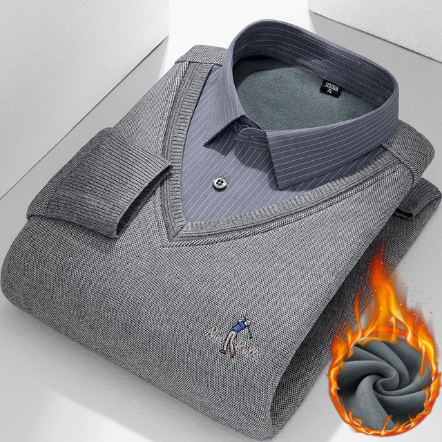 Camisa informal de dos piezas de lana gruesa y polar de invierno para hombre, camisa básica de punto, ropa de hombre de talla grande