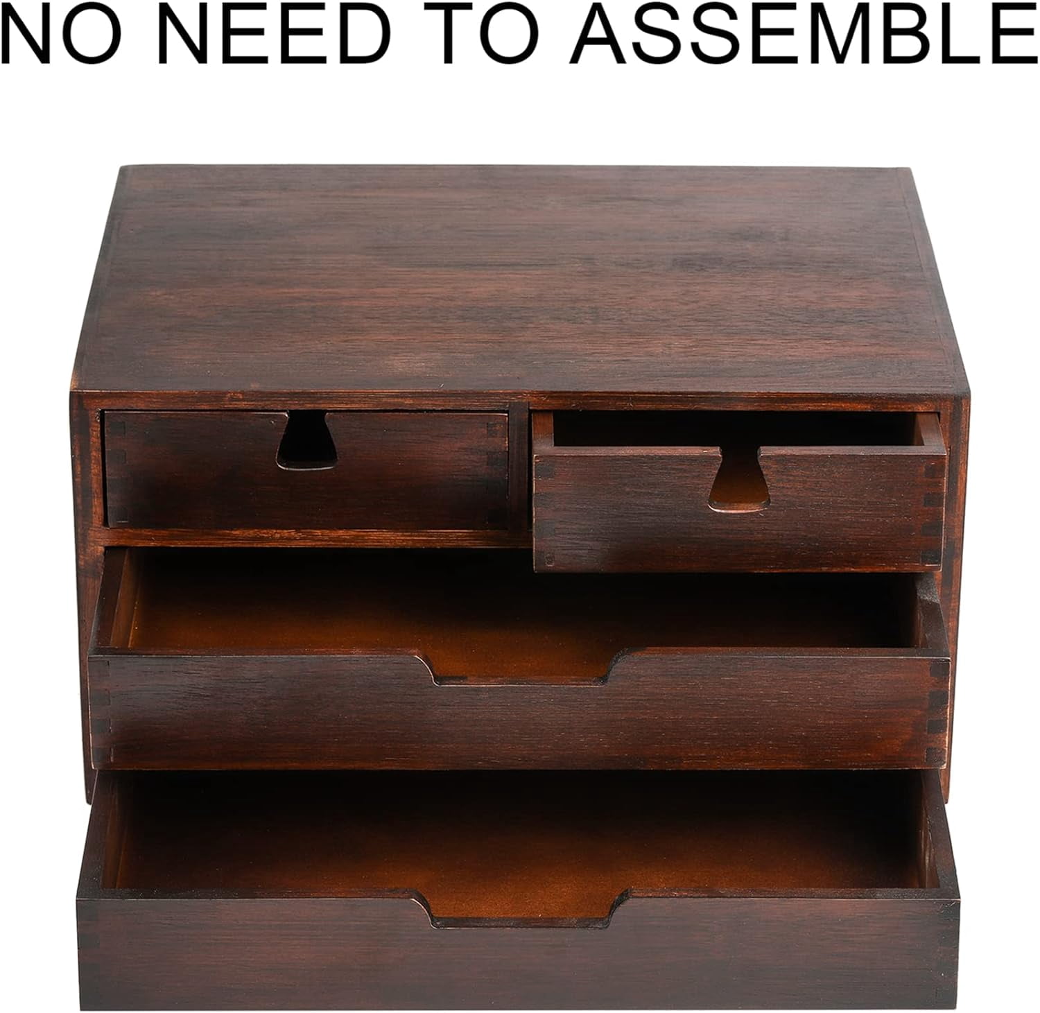 Bamboo Desk Organizer, 100% Natural Bamboo Desktop Drawer Organizer, Dark Brown Tabletop Storage Cabinet Organization Box with 4 Drawer for Makeup, Letter, Home, 3 Layer, Fully Assemble