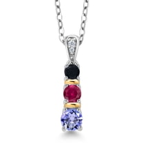 Gem Stone King 925 Silver and 10K Yellow Gold Round Blue Tanzanite Red Created Ruby and Black Onyx Pendant Necklace for Women (0.65 Cttw, Gemstone December Birthstone, with 18 inch Chain)