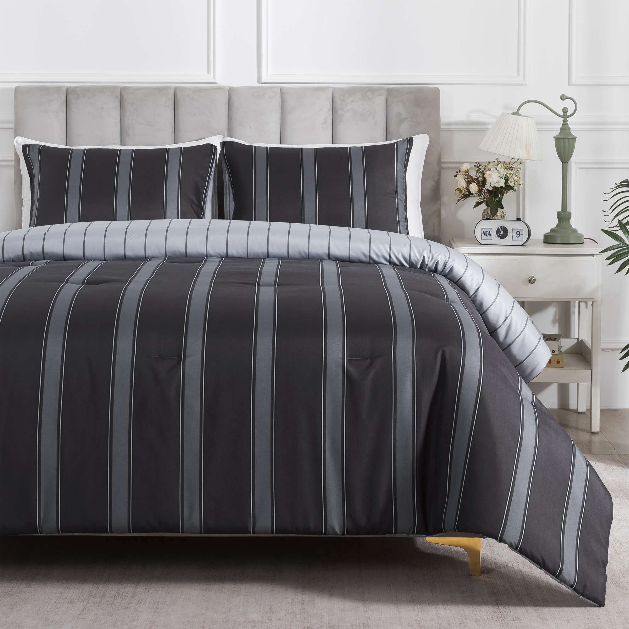 Mainstays King Comforter Set, All-Season, 3-Piece, Dark Grey Stripe