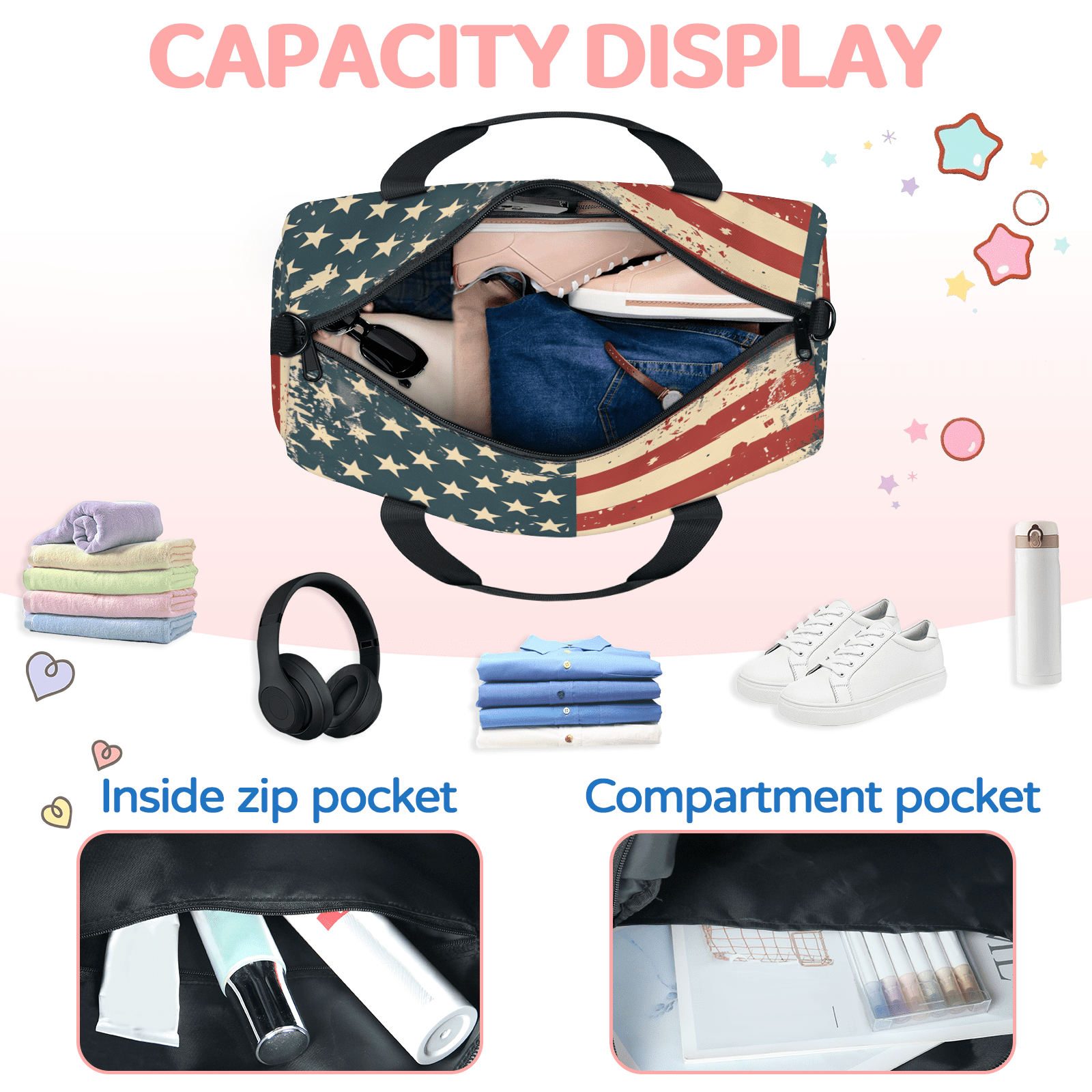 Herdesigns Vintage American Flag Travel Duffle Bag Sports Yoga Weekender Overnight Carry on Workout Bags Lightweight Waterproof Gym Tote Bag for Women 4th of July