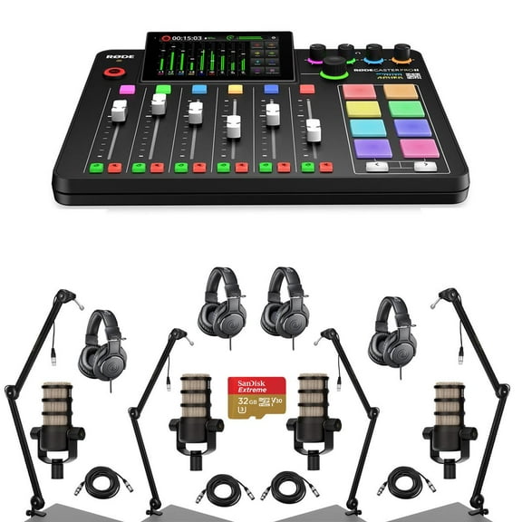 Rode RODECaster Pro II Integrated Audio Production Studio Console Bundle with 4x PodMic Microphone, 4x ATH-M20x Professional Headphones, 4x H&A Broadcast Arm, 4x  XLR Cables, 32BG microSD Card