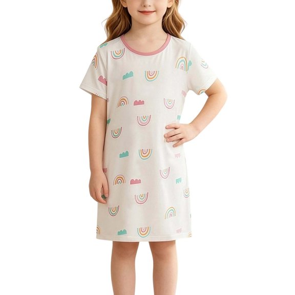IFNWSV Girls Short Sleeve Summer Sleepwear Dresses Crew Neck A Line Cotton Nightgown Lightweight Pajama Dress Multicolor 12-13 Years