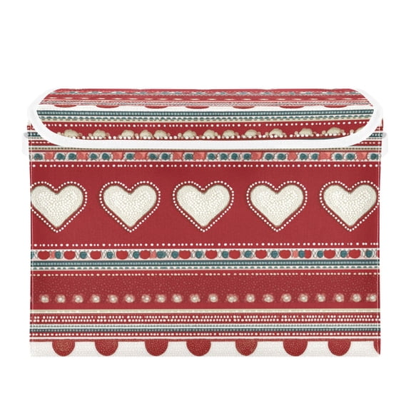 Valentine Hearts with Stripes Red Background Foldable Storage Bins with Lids Handles Collapsible Storage Containers Tote Boxes 16.5 x 12.6 x 11.8 inches