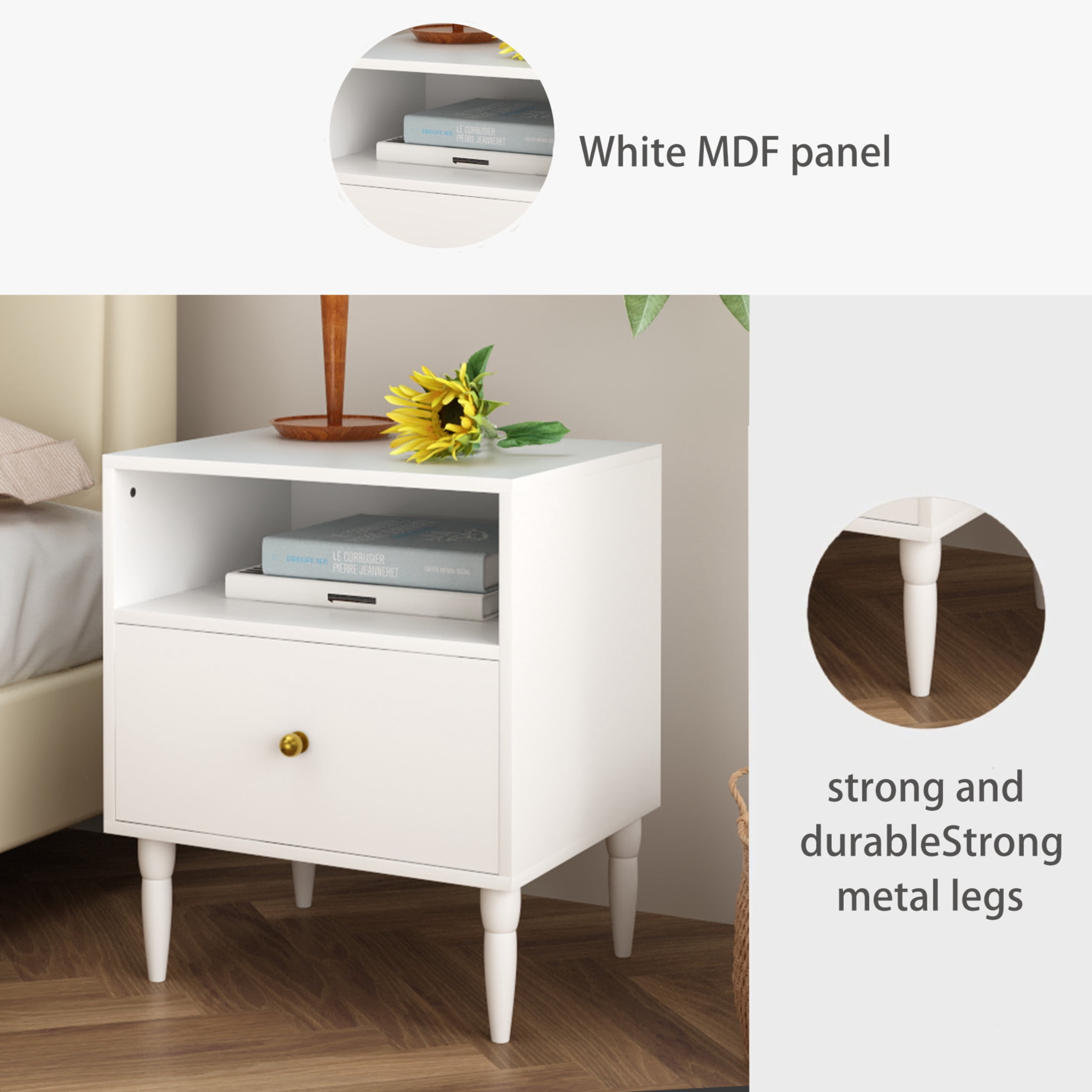 Noble House 20" Nightstand with Drawer and Open Shelf, Modern Bedside Table, Small End Table for Bedroom, White