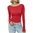thumbnail image 4 of Blmnix Womens Tops Summer 2026 Cotton Compression Pullover Shirt Long Sleeve Red Boat Neck Birthday Shirt,XS, 4 of 5