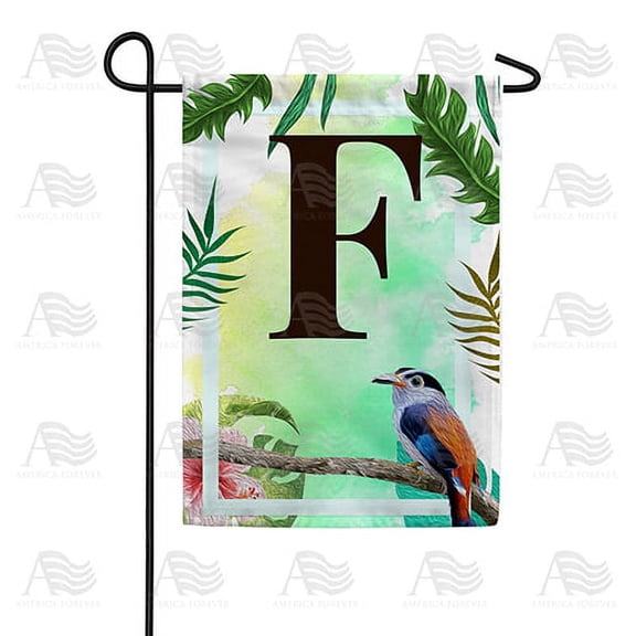 America Forever Tropical Summer Monogram Garden Flag Letter F 12.5 x 18 inches Palm Leaves Hibiscus Coastal Bird Double Sided Vertical Outdoor Yard Lawn Decorative Red Floral Garden Flag