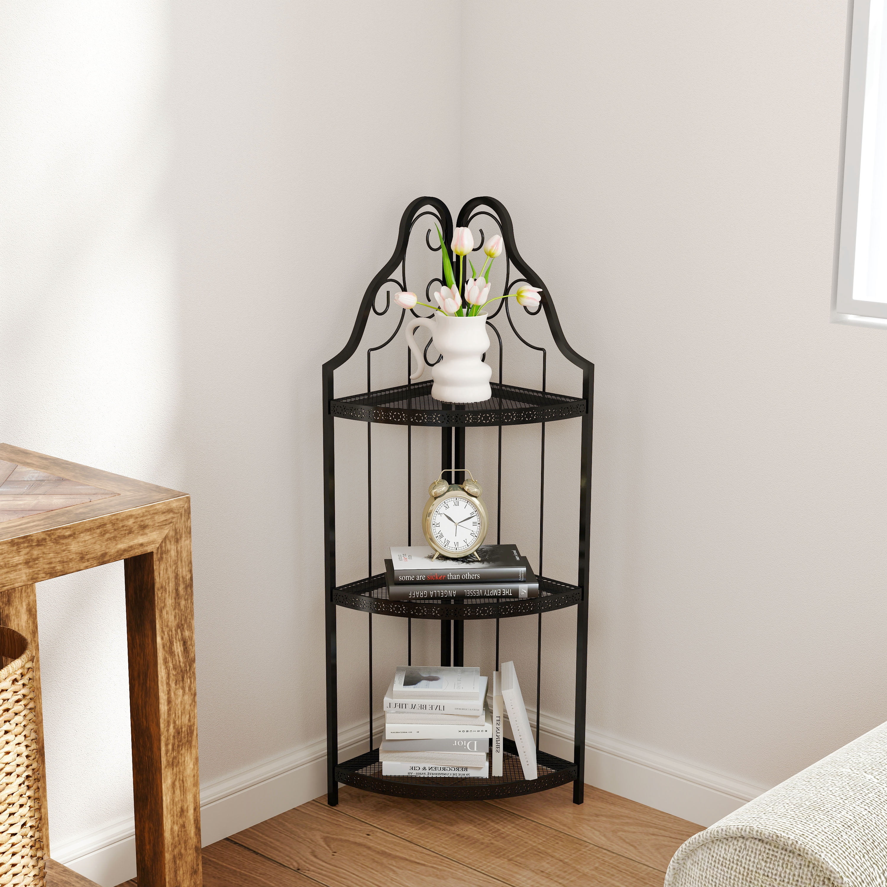 Mintazer 3-Tier Corner Bookcase with Vintage Scroll Design, 40.9" Open Storage Rack for Living Room & Bathroom, Black