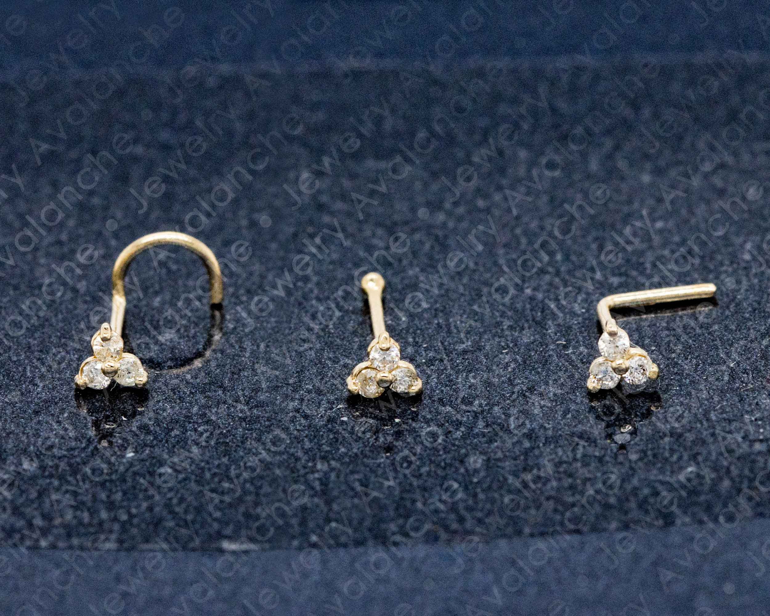 3-Stone 0.030ctw Moissanite Nose Stud - 22G Solid 14Kt Yellow Gold L-Shape Stud Nose Ring - April Birthstone Nose Stud