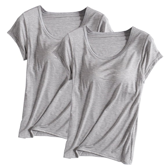 ZQGJB Pack of 2 Women's Cotton T Shirt with Built-in Bra Padded Active Fitted Yoga Tee Tops Casual Solid Color Summer Crew Neck Short Sleeves Shelf Bra Comfy Athletic Shirts Gray&Gray XXXL