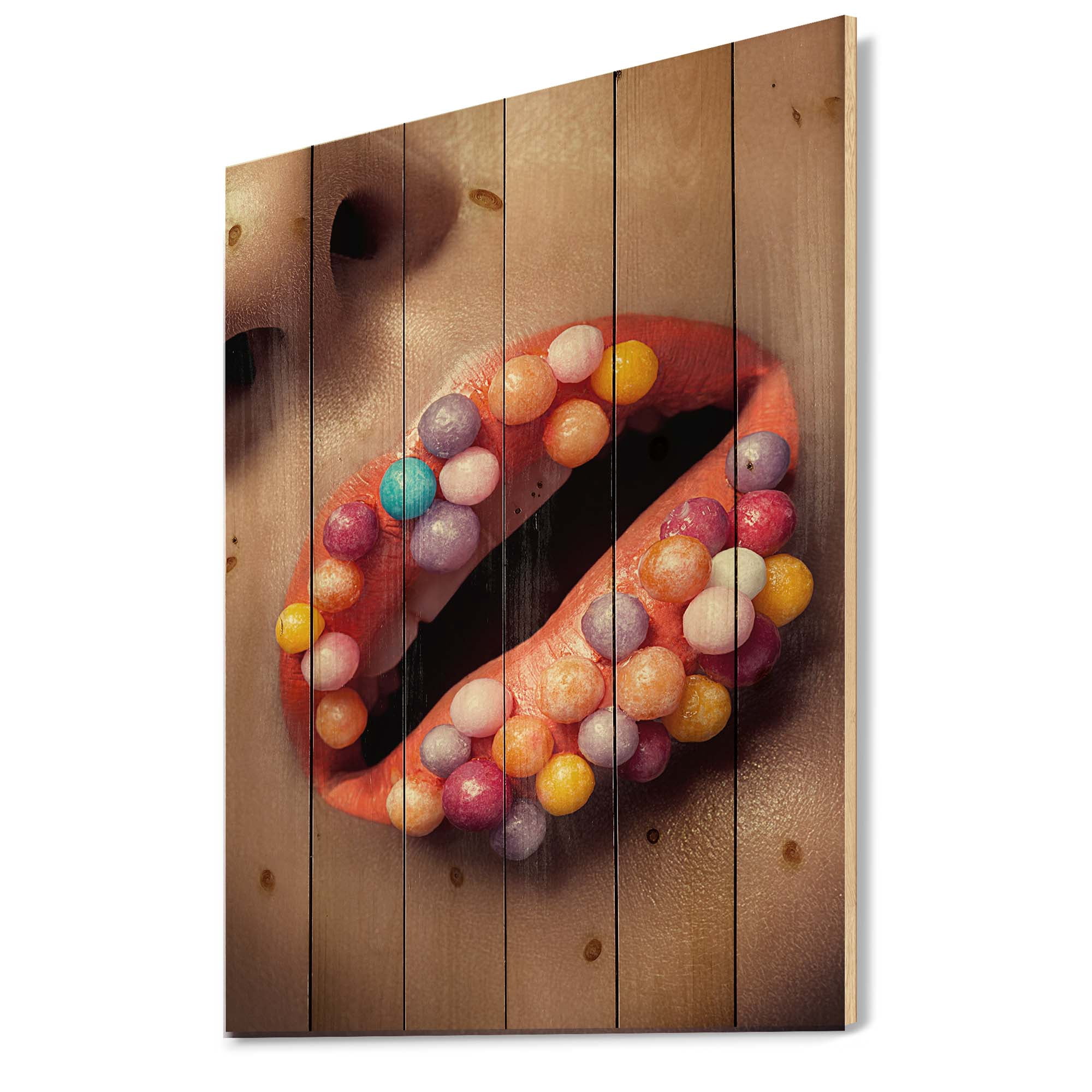 Designart 'Close Up of Creative Make Up On Woman Lips With Lolipops' Modern Print on Natural Pine Wood