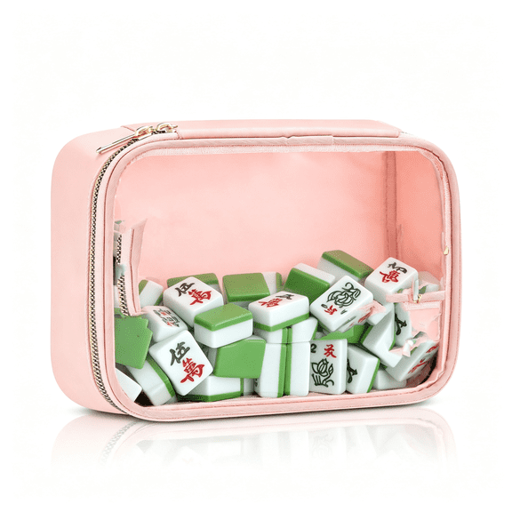 BESTSKY Empty Mahjong Tile Bag American Pvc Clear Mahjong Case Size 166 Waterproof Zippered Storage Tile Holder Rack Bag for Game Lover Gift Travel,Case Only (Pink,Tiles)