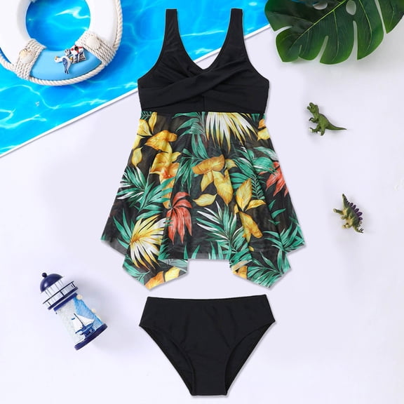 Toddler Girl Swimsuit Girl's High Elastic Nylon Three Piece Swimsuits with Mesh Skirt Bathing Suits for Girls Black 18-24 Months