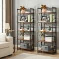 thumbnail image 2 of VECELO 2-Piece Bookshelf, Industrial Metal Freestanding 5-Shelf Folding Bookcase for Living Room, Bedroom, Kitchen, Office, No Assembly, Brown, 2 of 7