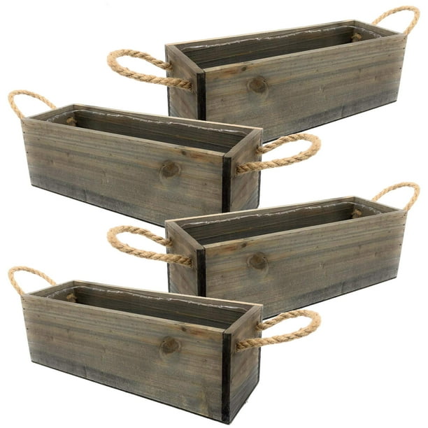 Wooden Planter Box with Handle, Rustic Barn Wood, Plastic Liner (12x4 w
