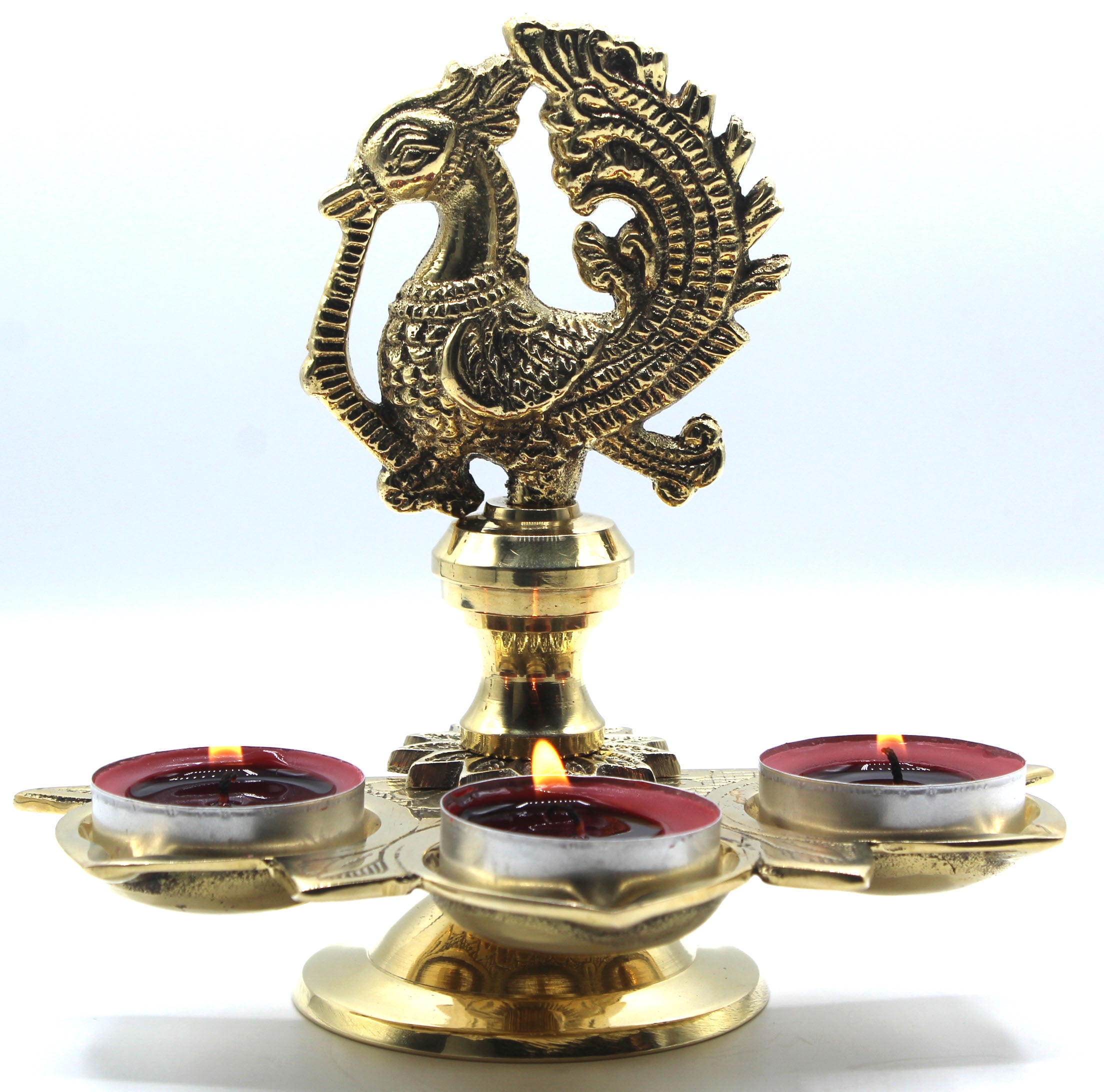 Dalax-Handmade Solid Brass Peacock Tabletop 3 Tealight Candleholders Centerpiece Decorations | Indian Decor Golden Diya Puja/Pooja Oil Lamp Housewarming Return Gift Set