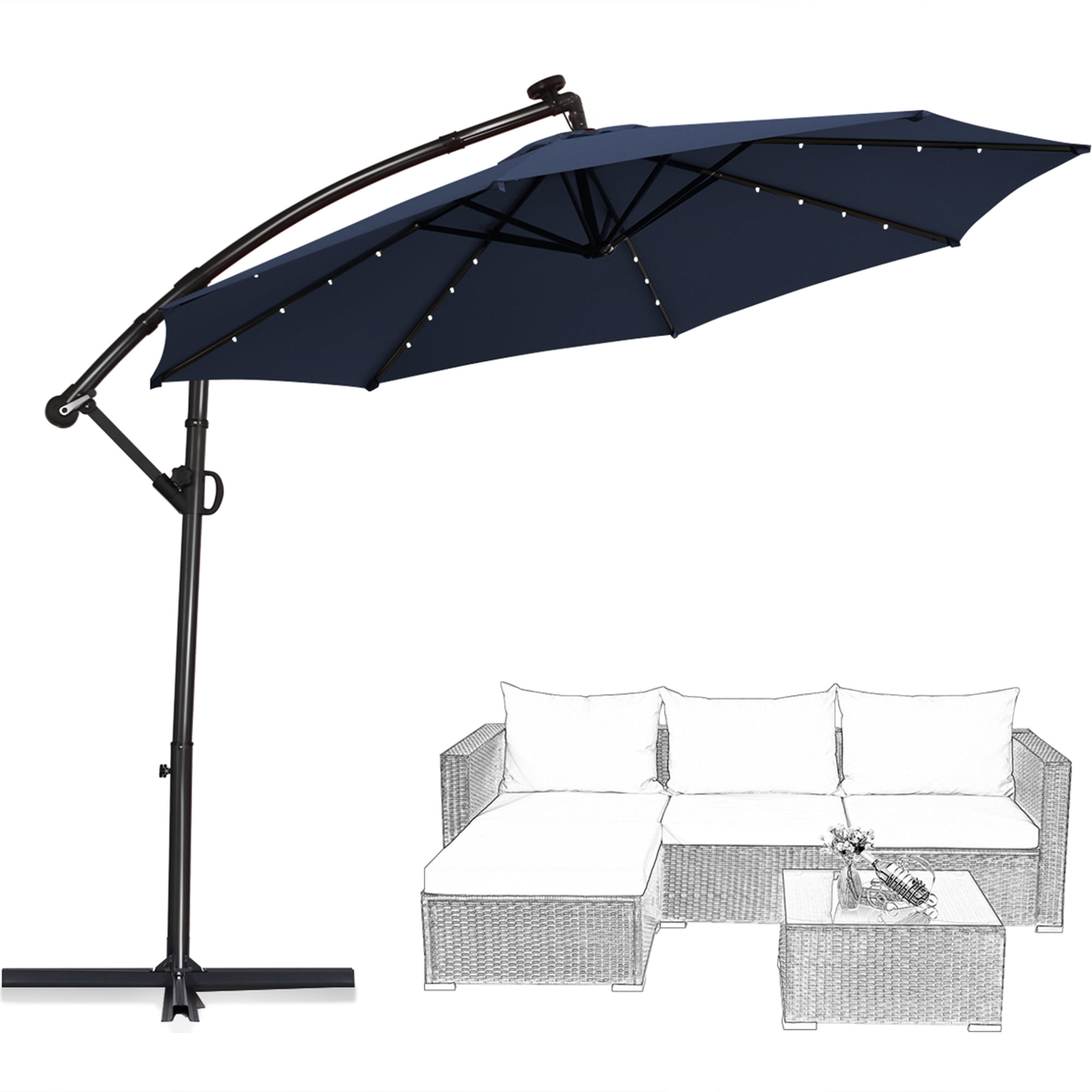 Gymax 10Ft Offset Hanging Umbrella Patio Outdoor w/ 32 Solar LED Lights Navy